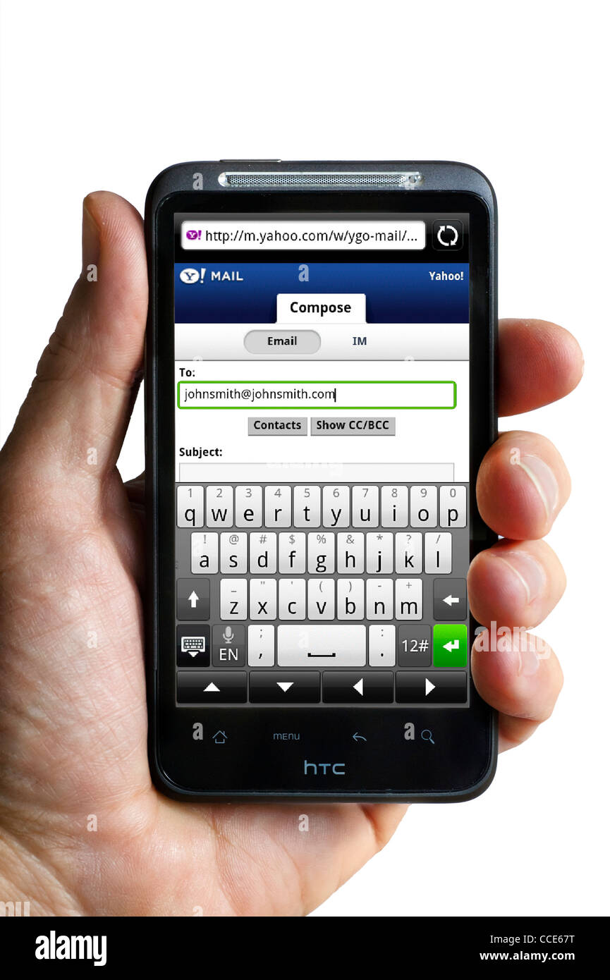 Composing an email using Yahoo Mail on an HTC smartphone Stock Photo