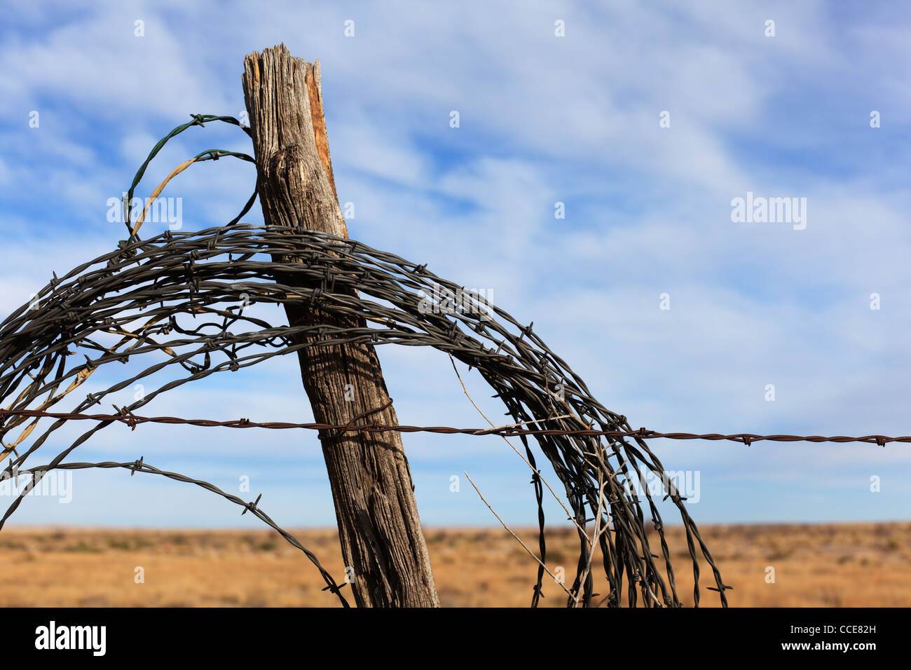 Barbed wire fence and post - rural New Mexico. Stock Photo