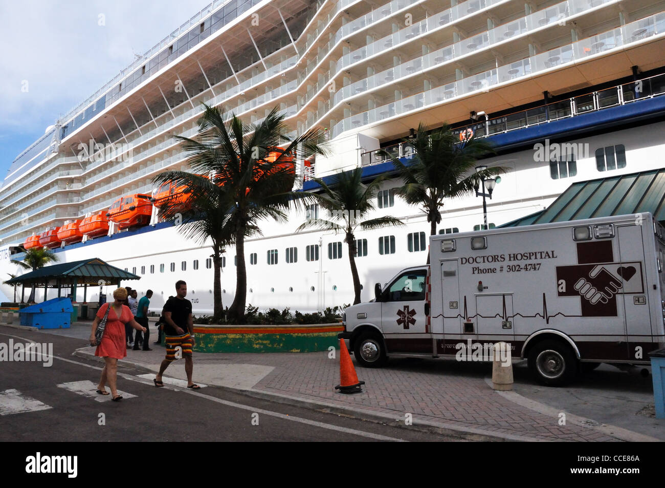 Emergency ambulance vehicle arriving at Carnival cruise ship docked in