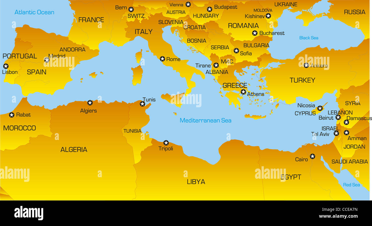 Map Of Mediterranean Region Vector Color Map Of Mediterranean Region Countries Stock Photo - Alamy