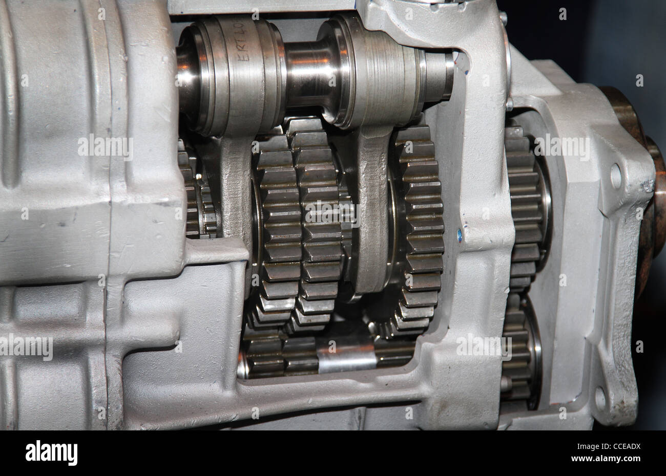 Internal view of cogs in modern gear box. Stock Photo