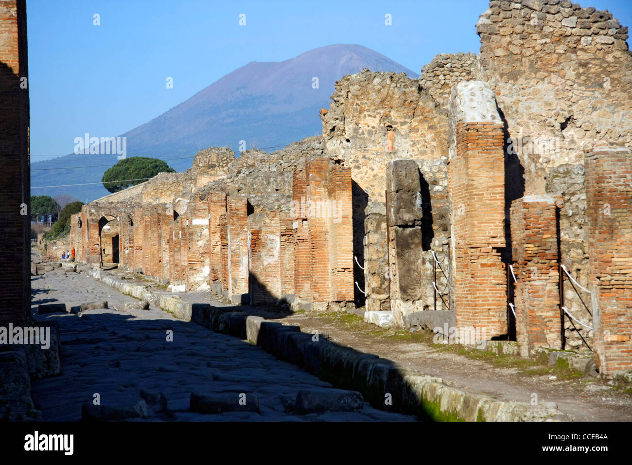 Ruins of Pompeii Italy with Vesuvius Volcano in background. Pompeii was