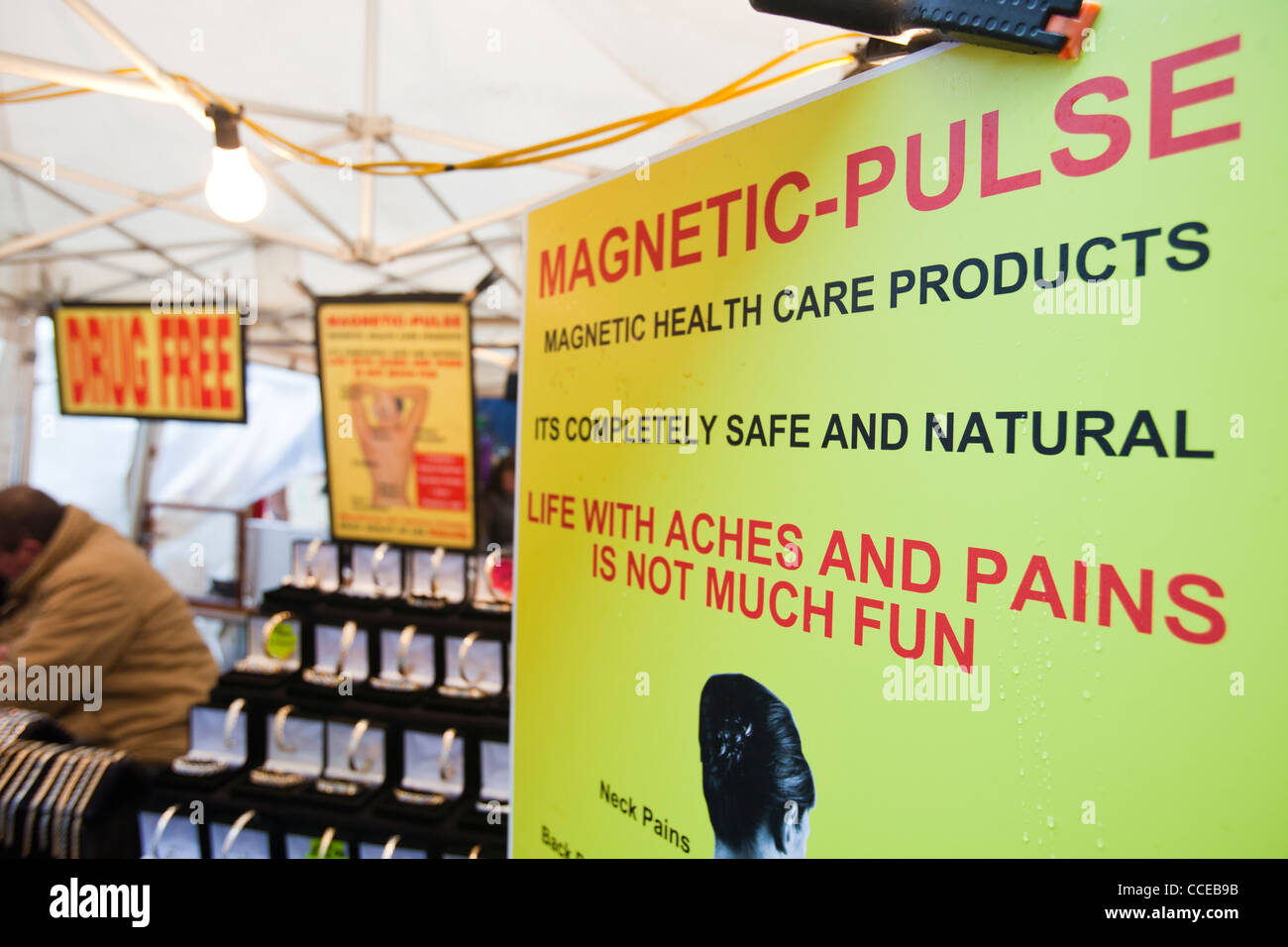 Magnetic pulse health devices for sale on Keswick market, Cumbria, UK, Stock Photo