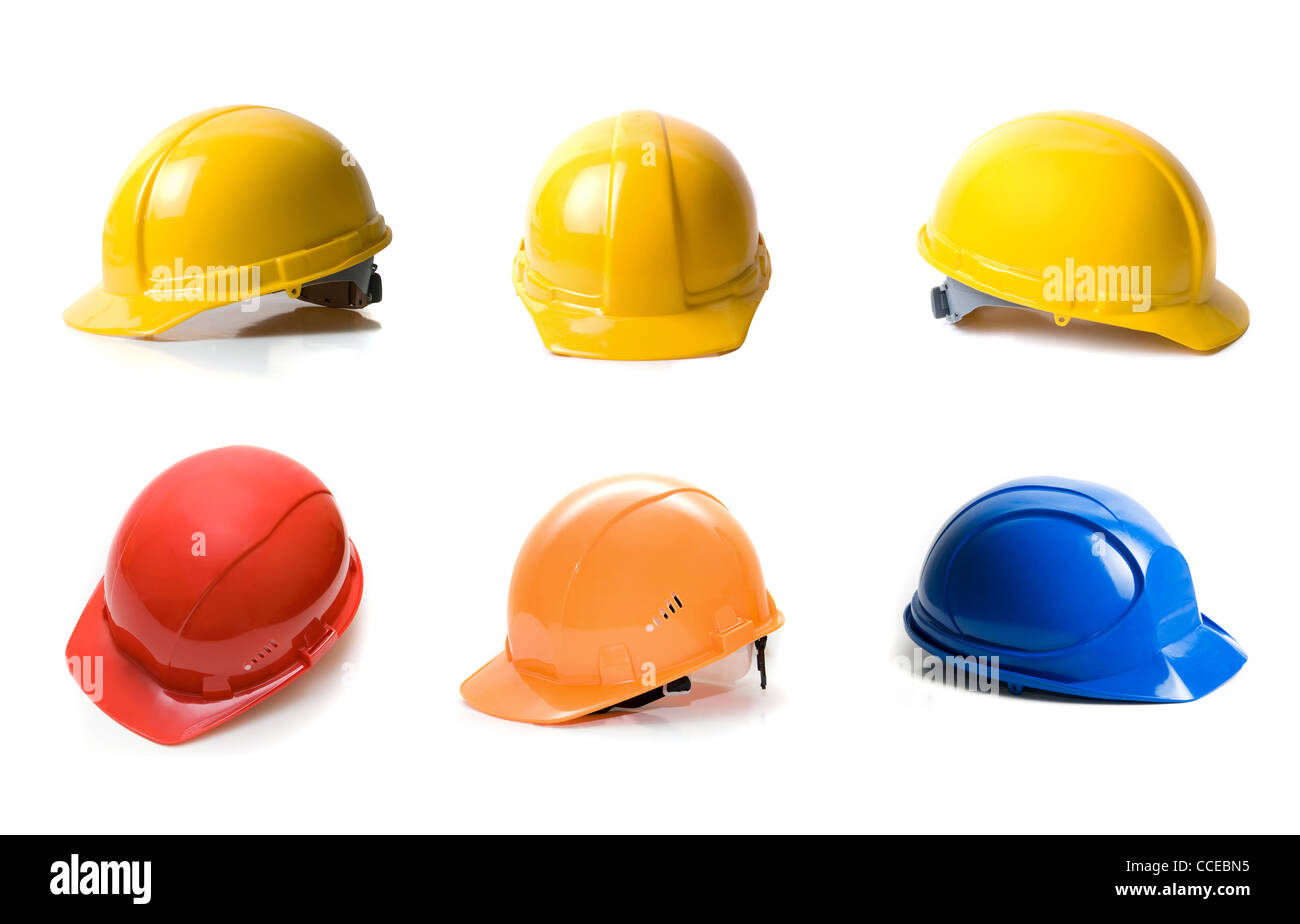 Different color helmets set isolated on white background Stock Photo