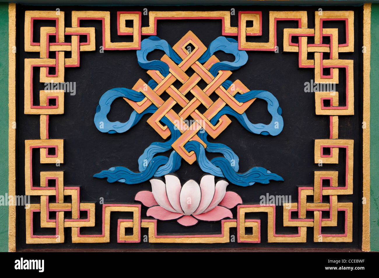 India, Arunachal Pradesh, Tawang, Khinmey Nyingma Monastery, Endless Knot, Shivastra, auspicious symbol Stock Photo