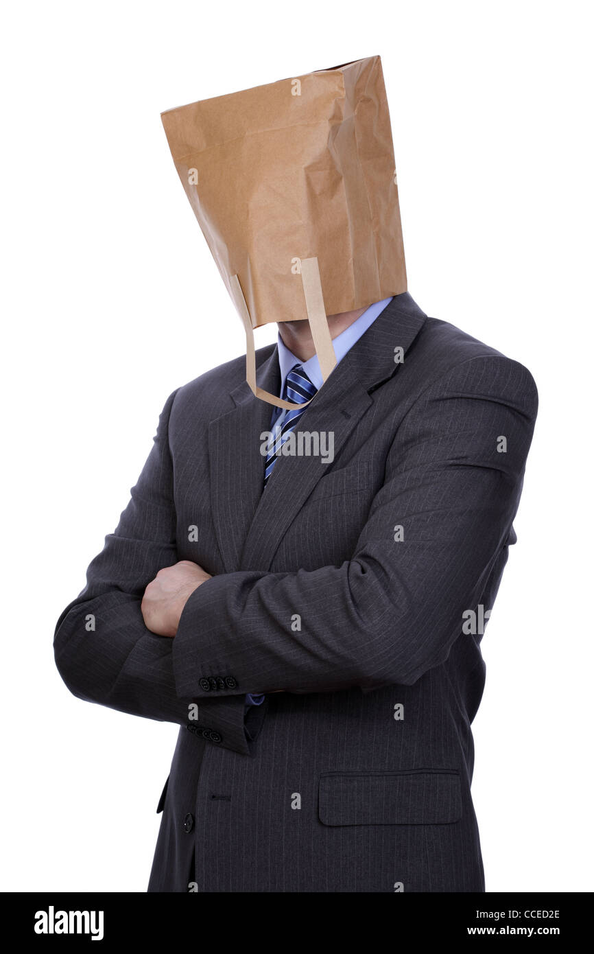 Businessman with paper bag on his head Stock Photo