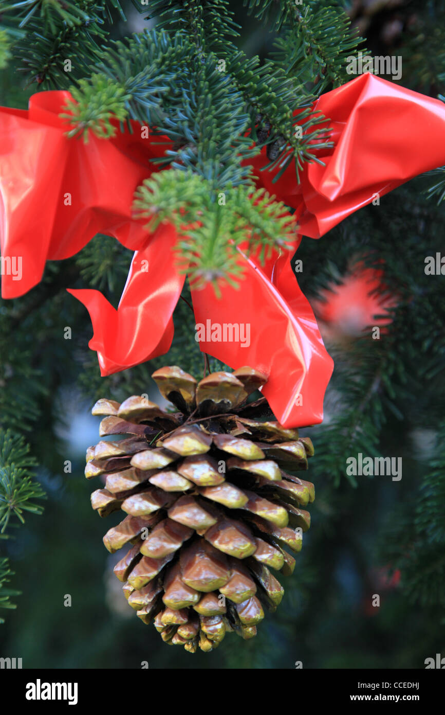 Weihnachtsbaum,pine cone,fir cone,Tannenzapfen,Kiefernzapfen,rote Schleife,red ribbon,tannenbaum,Weihnachten,Dekoration,grün Stock Photo