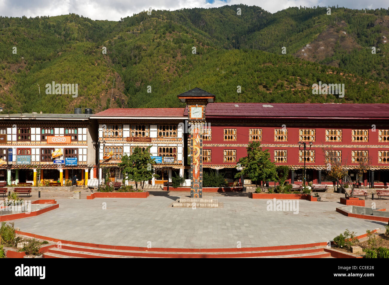 The central square with the clock tower in Thimphu, Bhutan Stock Photo