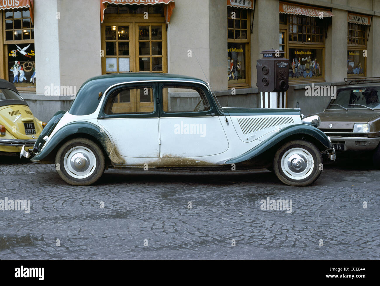 A classic Citroen 11b motor car of the fifties in fine restored condition seen double-parked in a Paris Street. Stock Photo