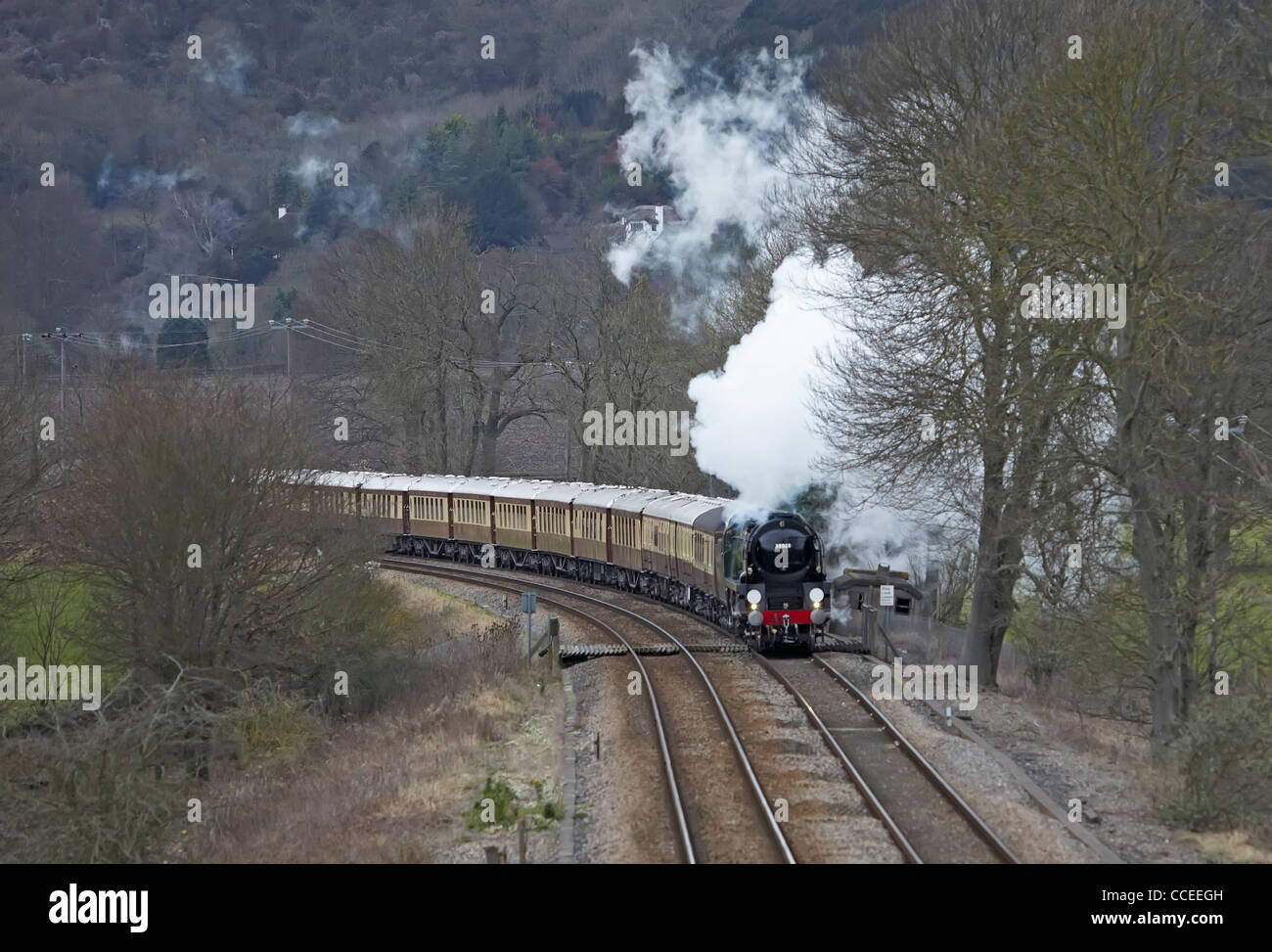 Surrey Merchant Navy class Clan Line 4-6-2 steam engine pulling Pullman carriages Stock Photo