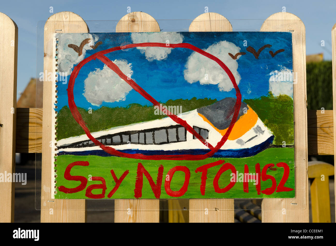 children's painting of a say no to hs2 protest notice Stock Photo