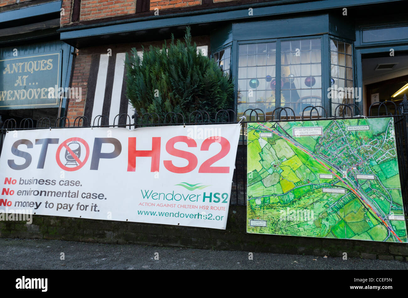 Stop HS2 protest campaign banner and HS2 rail route map in Wendover Bucks UK Stock Photo