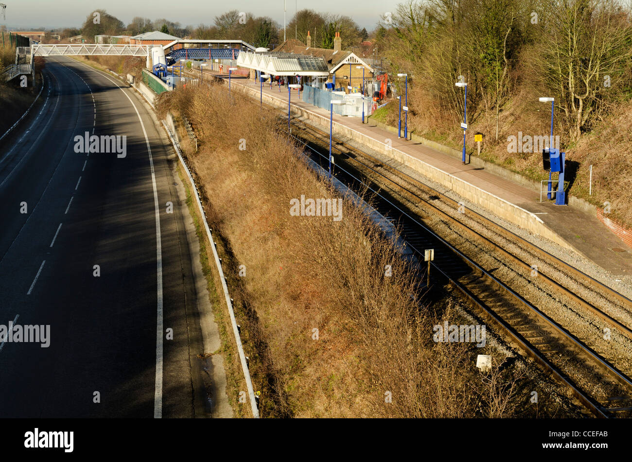 Aerial view Chiltern line railway station & Wendover bypass A413 Bucks