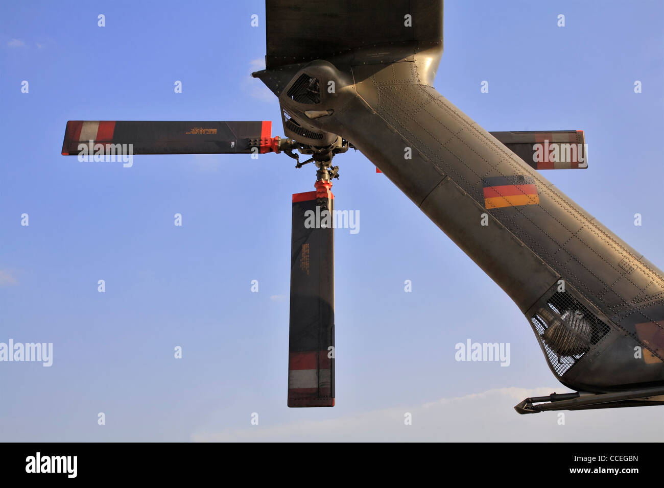 Tail rotor against blue sky, military helicopter Stock Photo