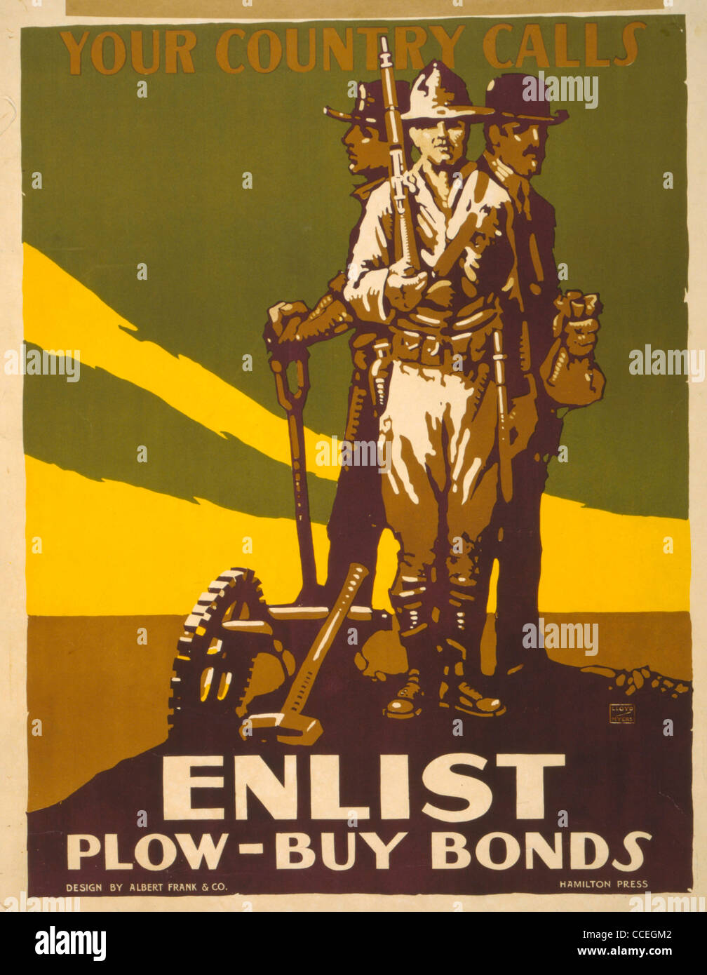 Your country calls Enlist : Plow - buy bonds a soldier, a farmer with a shovel, and a businessman holding a bag of money WWI Stock Photo