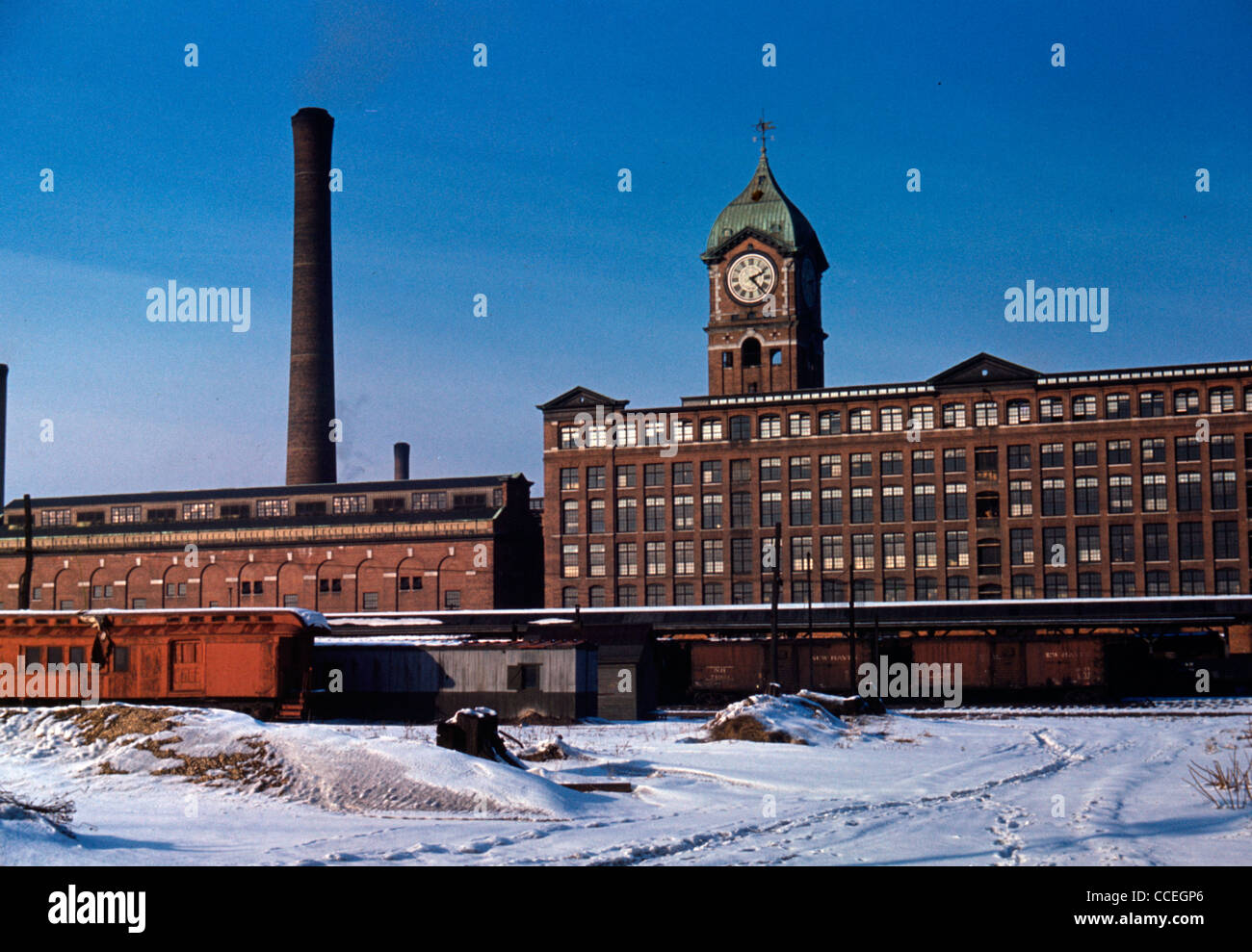 Railroad cars and factory buildings in Lawrence, Massachusetts 1941 Stock Photo
