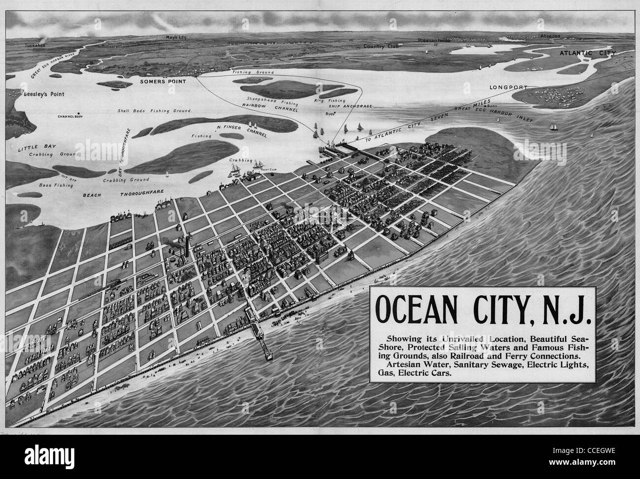 Ocean City, N.J.  showing its unrivaled location, beautiful sea-shore, protected sailing waters, and famous fishing grounds 1903 Stock Photo