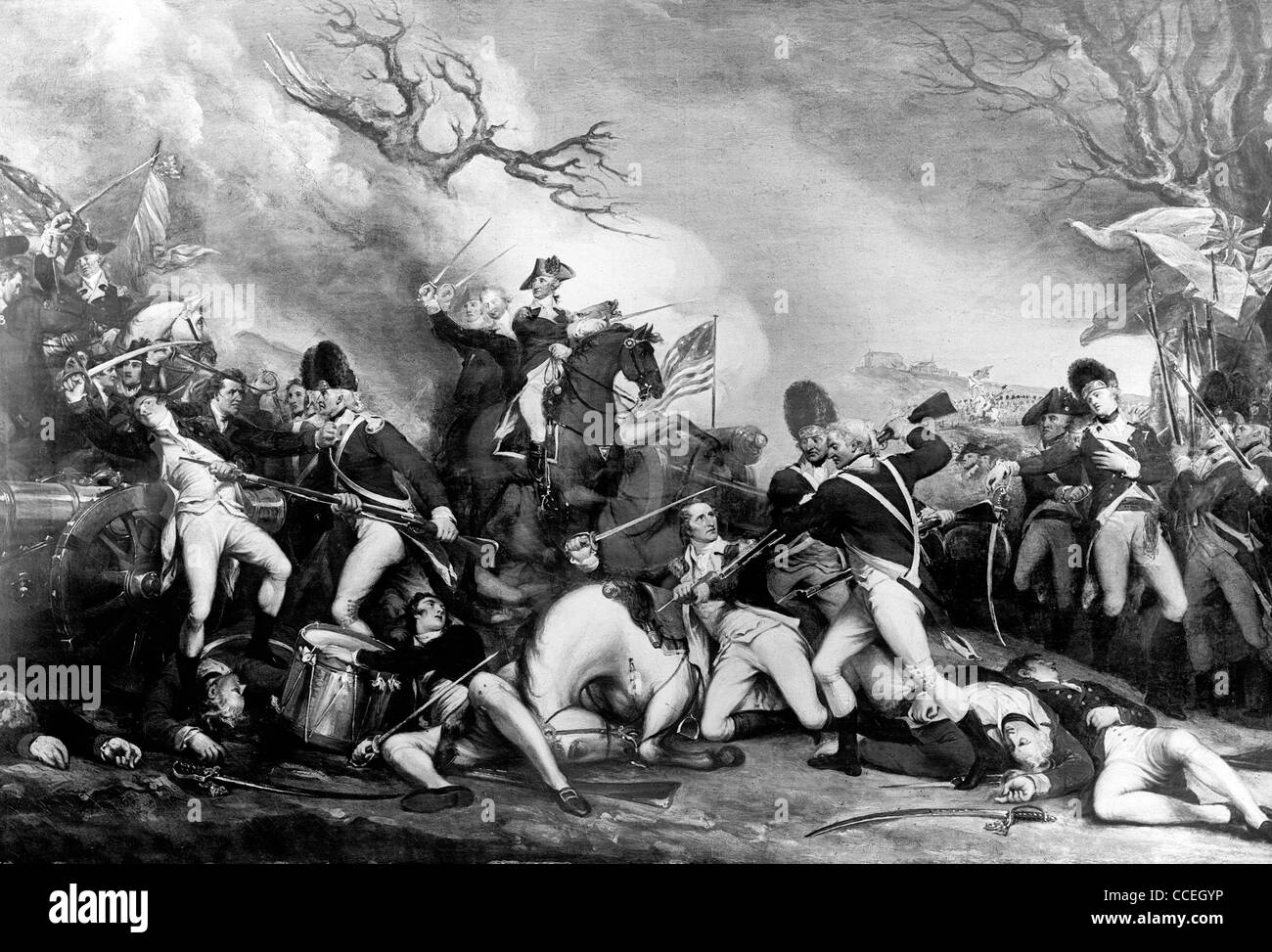The battle of Princeton - George Washington on horseback during the battle of Princeton, at which Hugh Mercer was killed. Stock Photo