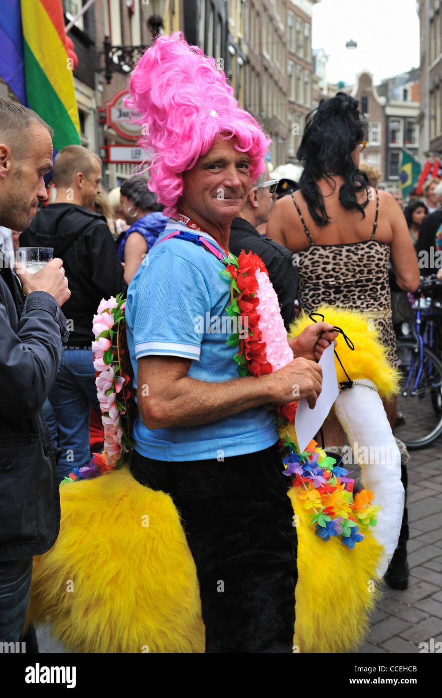 Man wearing pink wig, Amsterdam, Holland Stock Photo