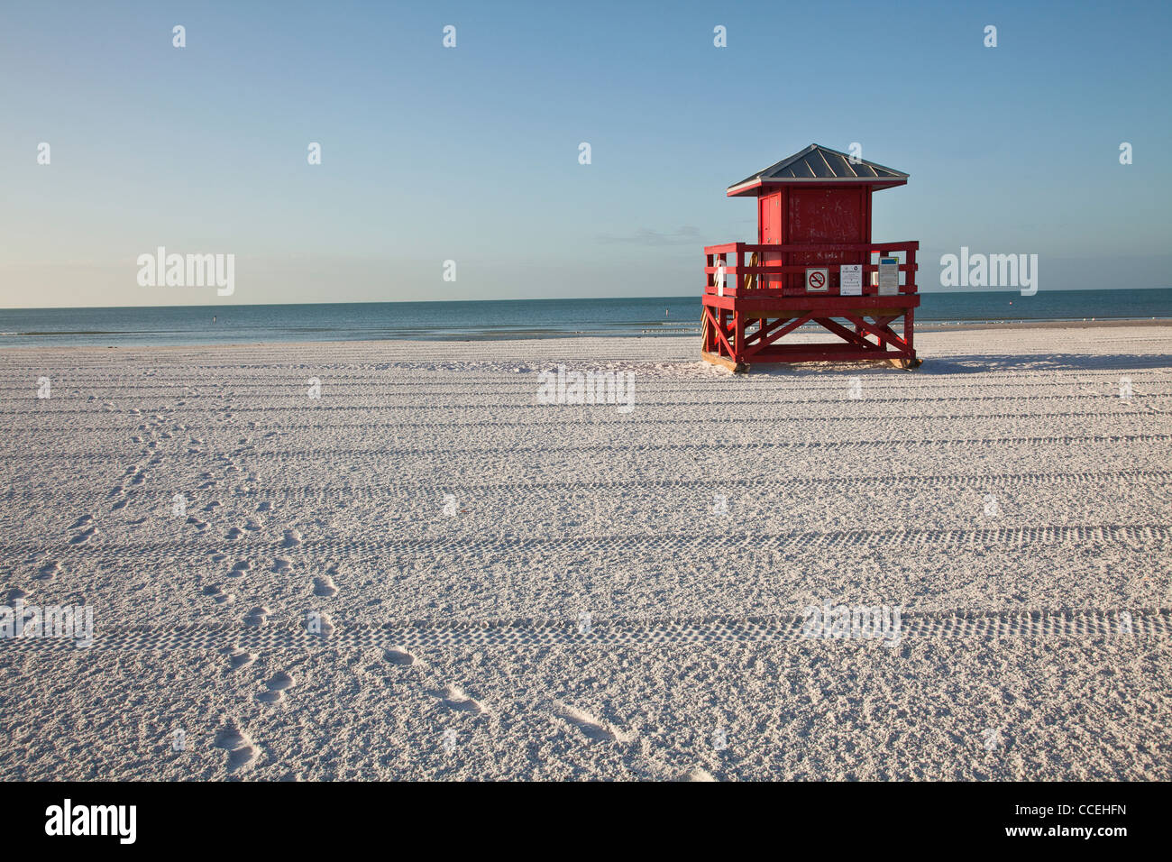 Red lifeguard station on famed white powder sand Siesta Key beach, Sarasota Florida Stock Photo