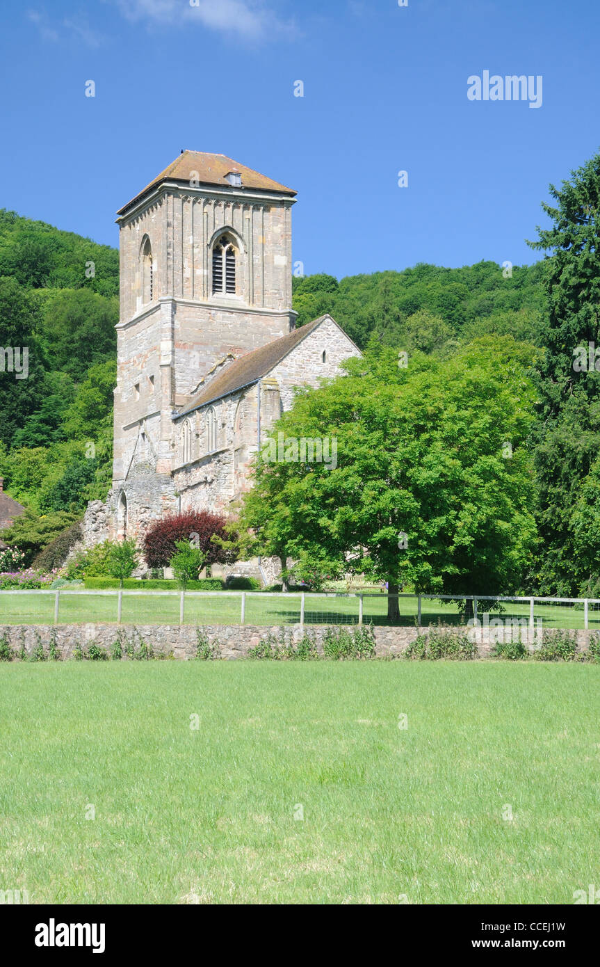The Priory Church of St. Giles, set against the Malvern Hills, in Little Malvern, Worcestershire, England Stock Photo