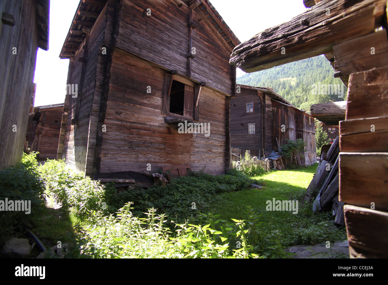 Traditional timber houses and barns in the village of Ulrichen, Furka, Valais, Alps, Switzerland, Europe Stock Photo