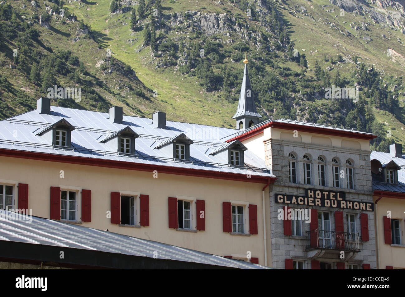 Hotel Glacier du Rhone in the alpine village of Gletsch, Furka, Valais, Alps, Switzerland, Europe Stock Photo