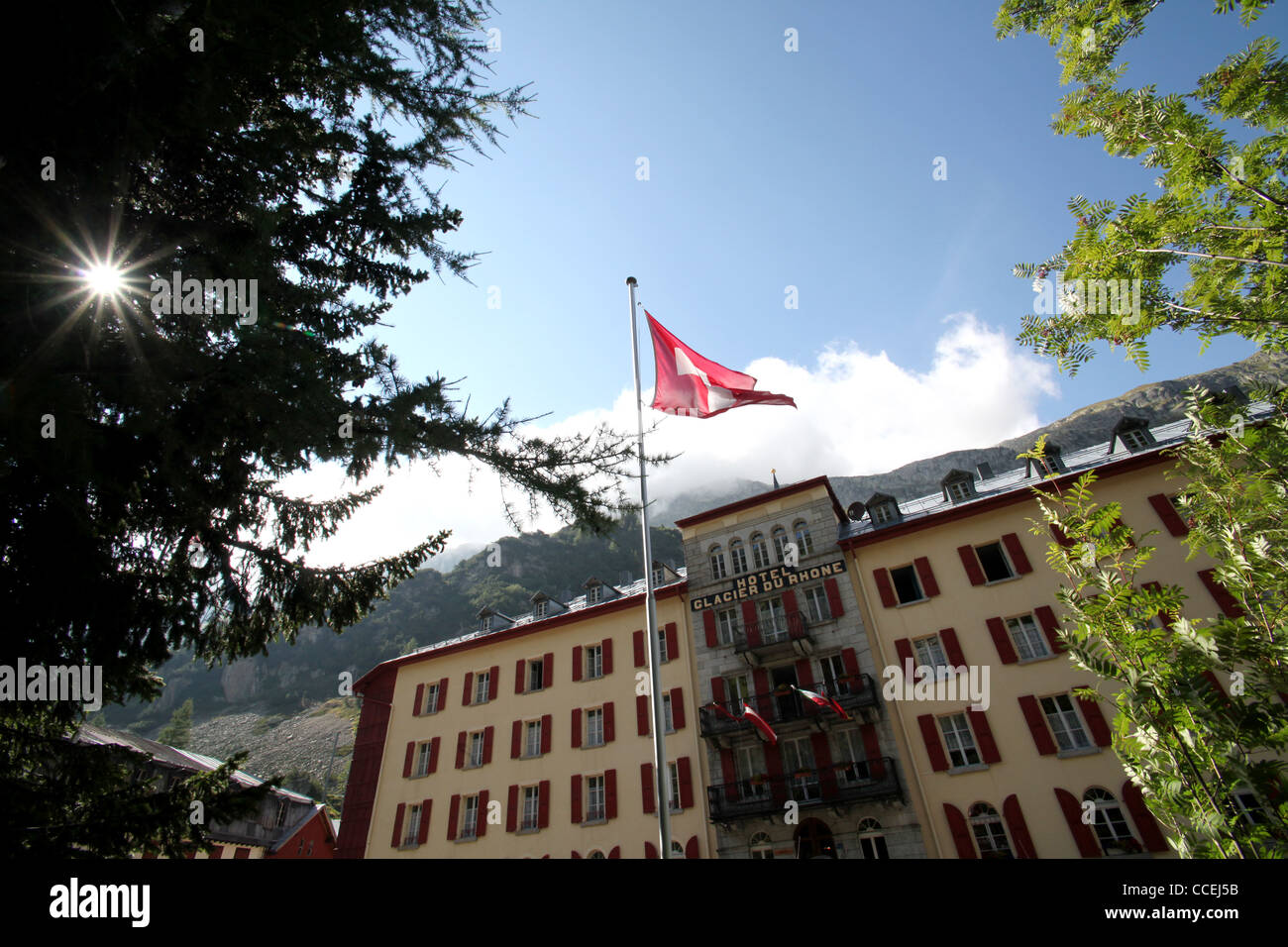 Hotel Glacier du Rhone in the alpine village of Gletsch, Furka, Valais, Alps, Switzerland, Europe Stock Photo