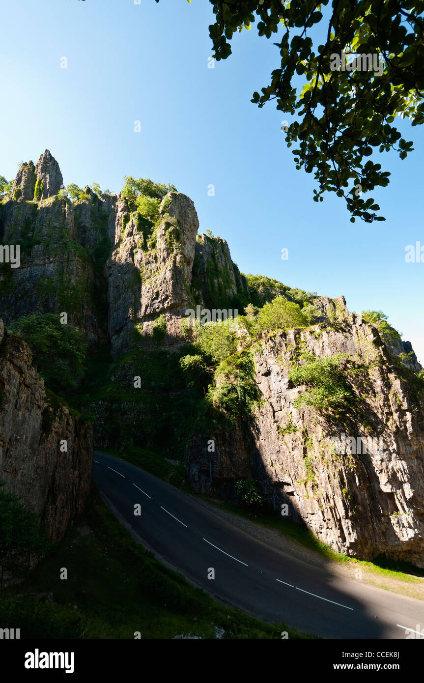 A view of the road that  snakes up through Cheddar Gorge on a sunny Stock Photo