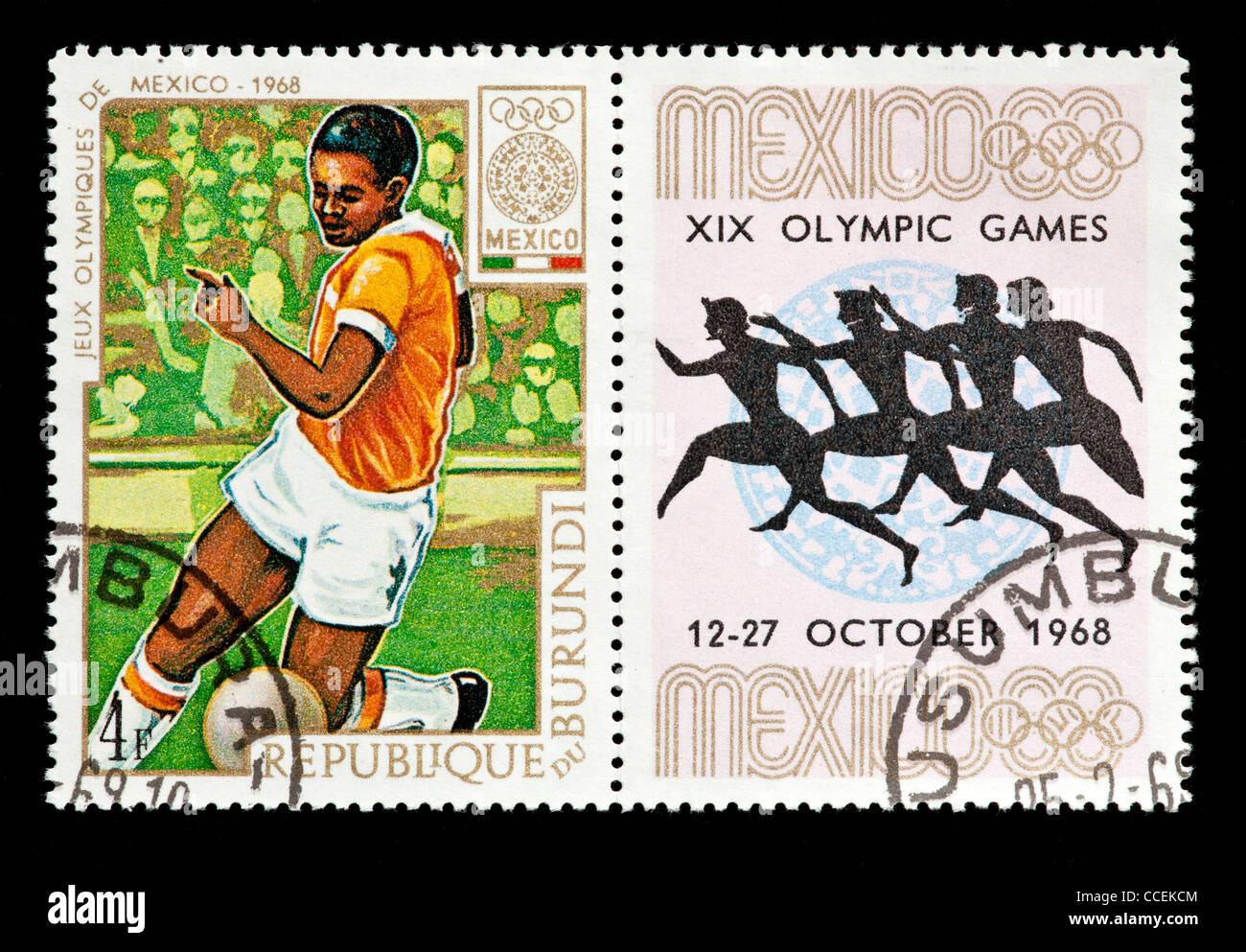 Postage stamp from Burundi depicting a soccer player, issued for the 1968 Summer Olympics in Mexico, 1968. Stock Photo