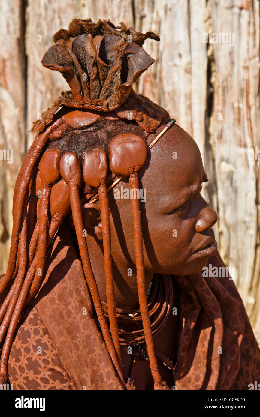 Married Himba woman with braided hair and erembe near Opuwo, Namibia Stock Photo