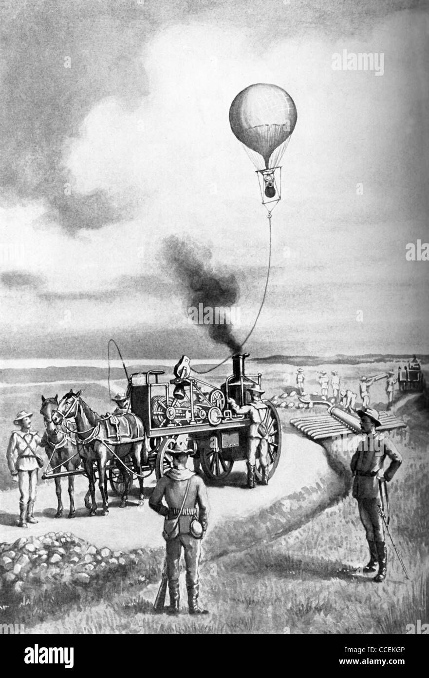 Americans are shown using a war balloon in Mexican-American War, tethered by a rope to a steam engine that was pulled by horses. Stock Photo