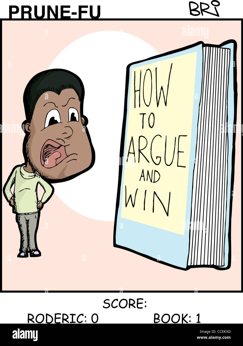Black man argues with a book Prune-Fu comic strip 1 Stock Photo