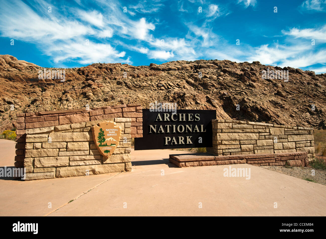 The entrance sign to Arches National Park Utah. This national park attracts hundreds of thousands of visitors each year. Stock Photo