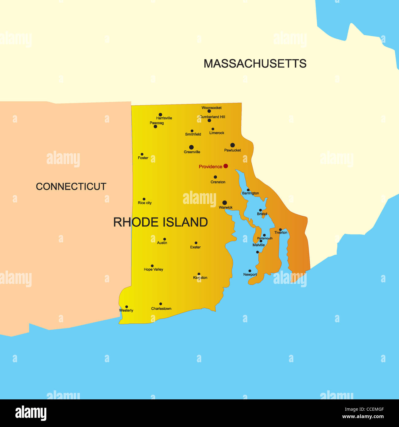 Rhode Island State Map Vector Color Map Of Rhode Island State. Usa Stock Photo - Alamy