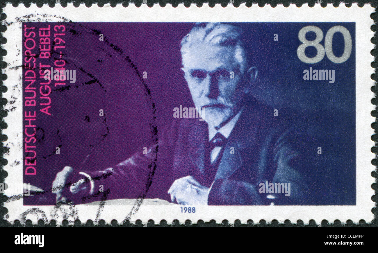 A stamp printed in the Germany, shows August Bebel (1840-1913), Founder of the Social Democratic Party, circa 1988 Stock Photo