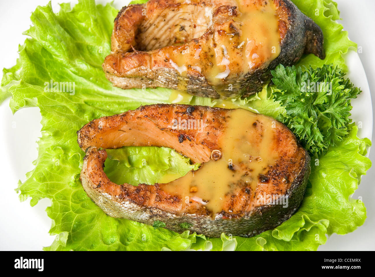 Roasted chum salmon fish dish isolated on a white background Stock