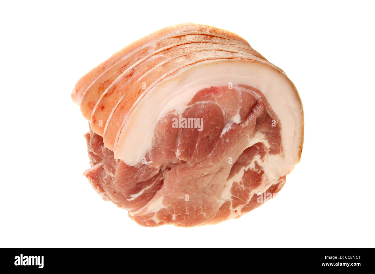 Raw joint of rolled shoulder of pork isolated against white Stock Photo
