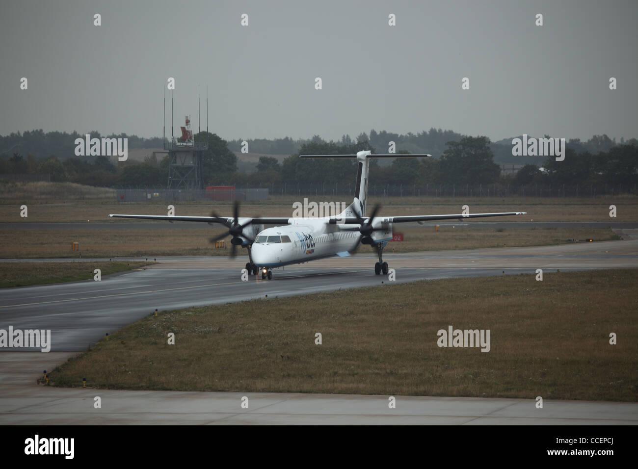 small turbo prop plane landing at Robin Hood airport Stock Photo