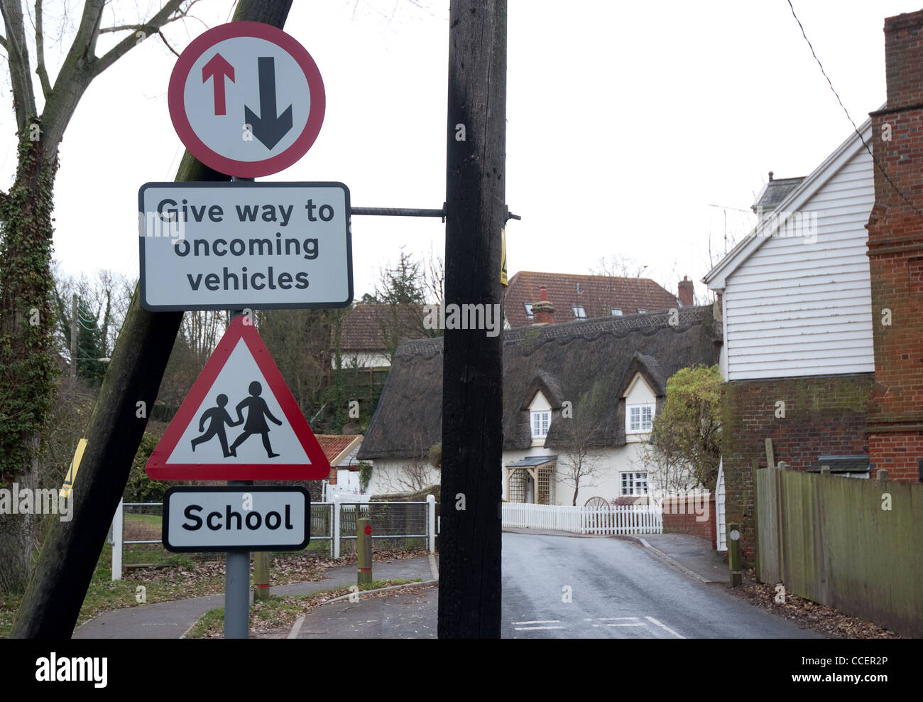 warning signs for driver as they enter Kedington village Suffolk Stock Photo Alamy
