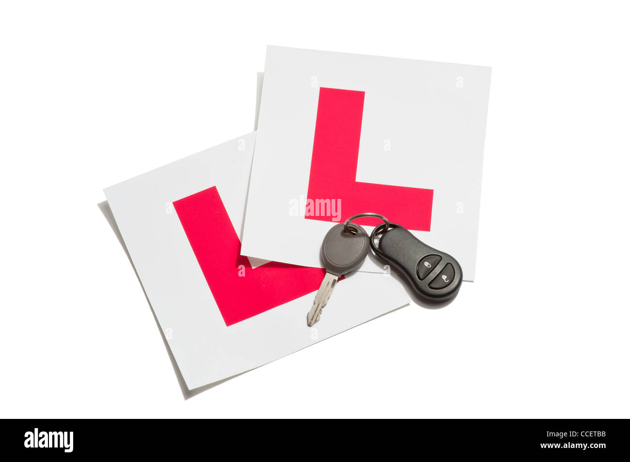 L plates with a car key and a remote key fob Stock Photo