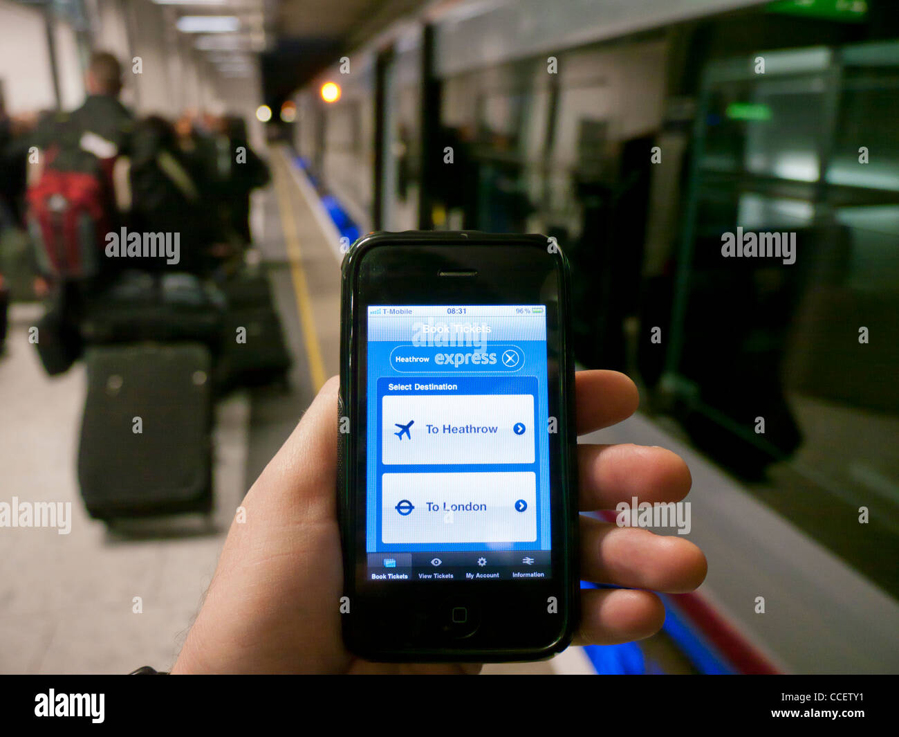 An App on the iPhone that allows the user to book tickets on the Heathrow Express In London England Stock Photo