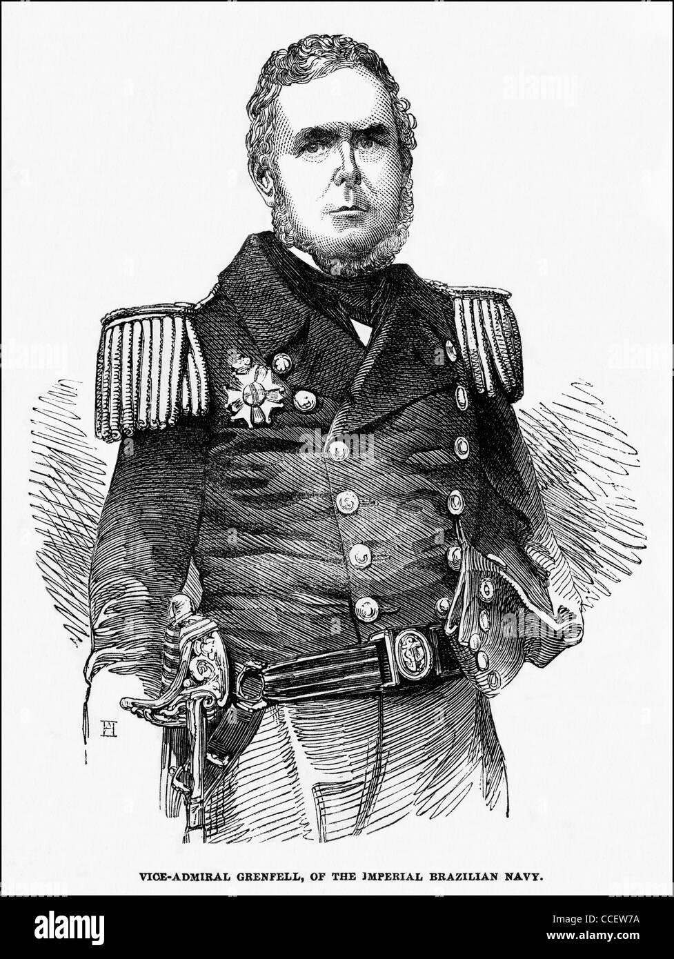 Victorian engraving circa 1852 of English born Admiral John Pascoe Grenfell (1800 - 1869) officer in the Brazilian Navy Stock Photo
