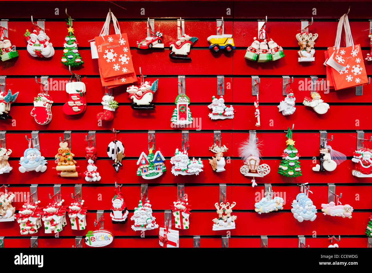 Display of Christmas tree decorations for sale on a market stall ...