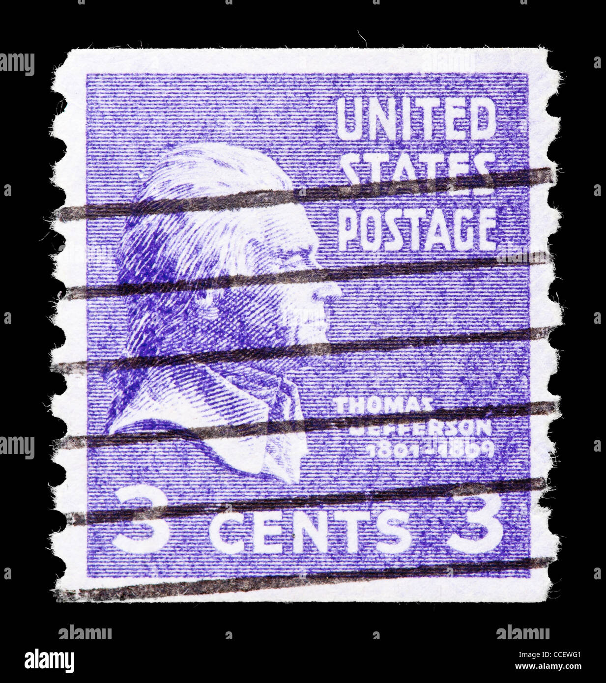 Postage stamp: United States Postage, Thomas Jefferson, 3 cent, 1938, stamped, perforated vertically Stock Photo