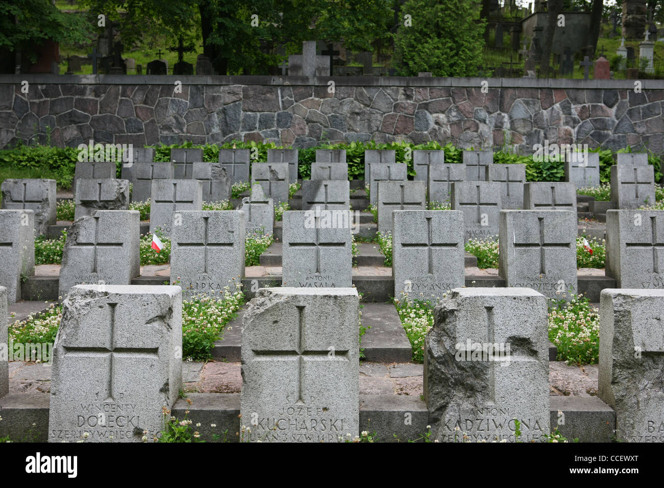 At Rossie Cemetery in Vilnius, Belarus. One of four Polish National Cemetery. On the photo section of the Military Cemetery. Stock Photo