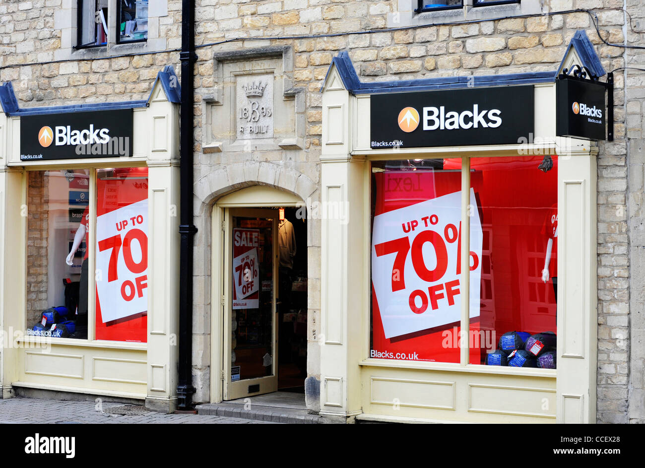 Blacks outdoor store showing adverising a 70 off sale in Cirencester