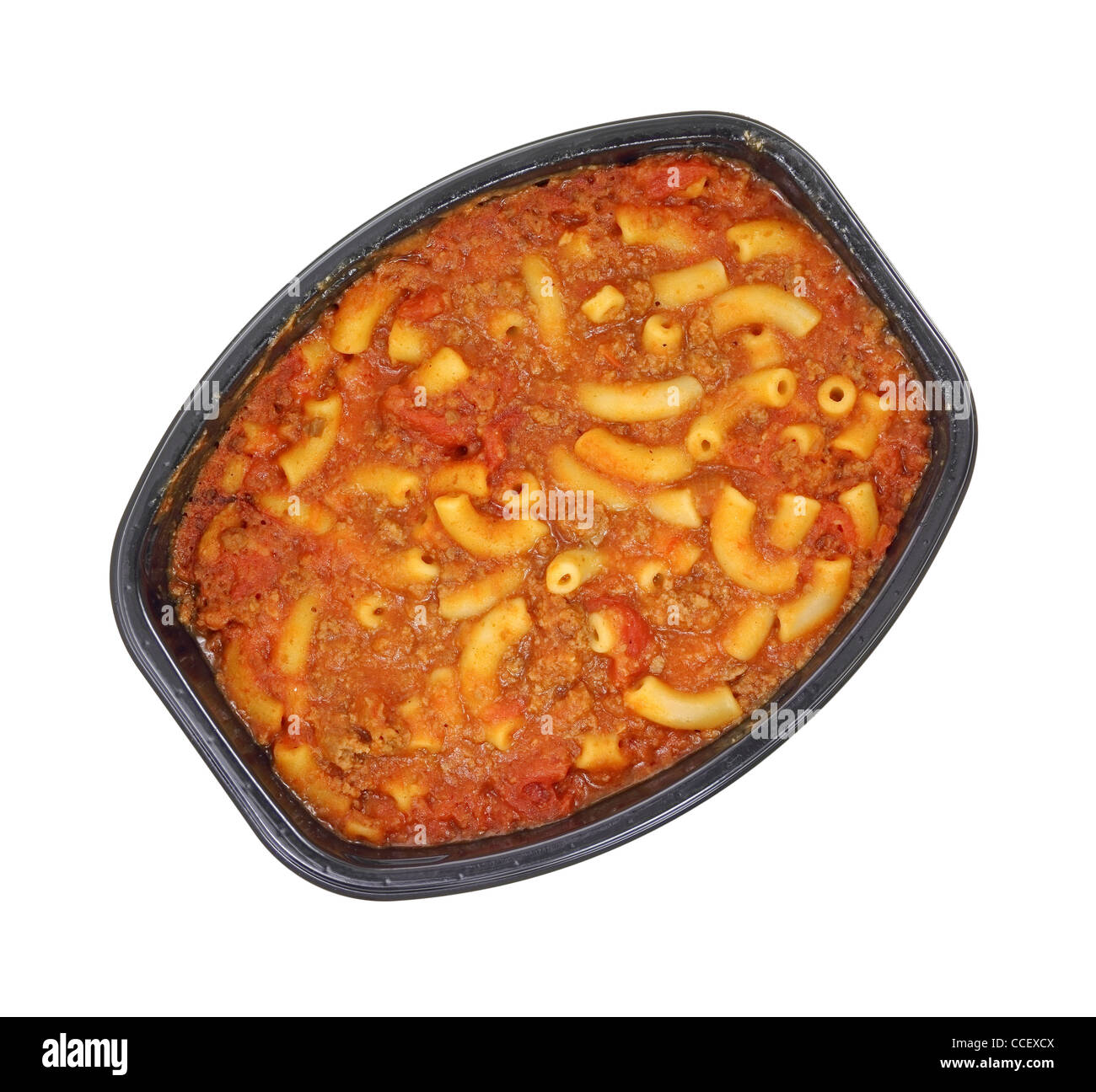 Macaroni and beef dinner in black tray Stock Photo