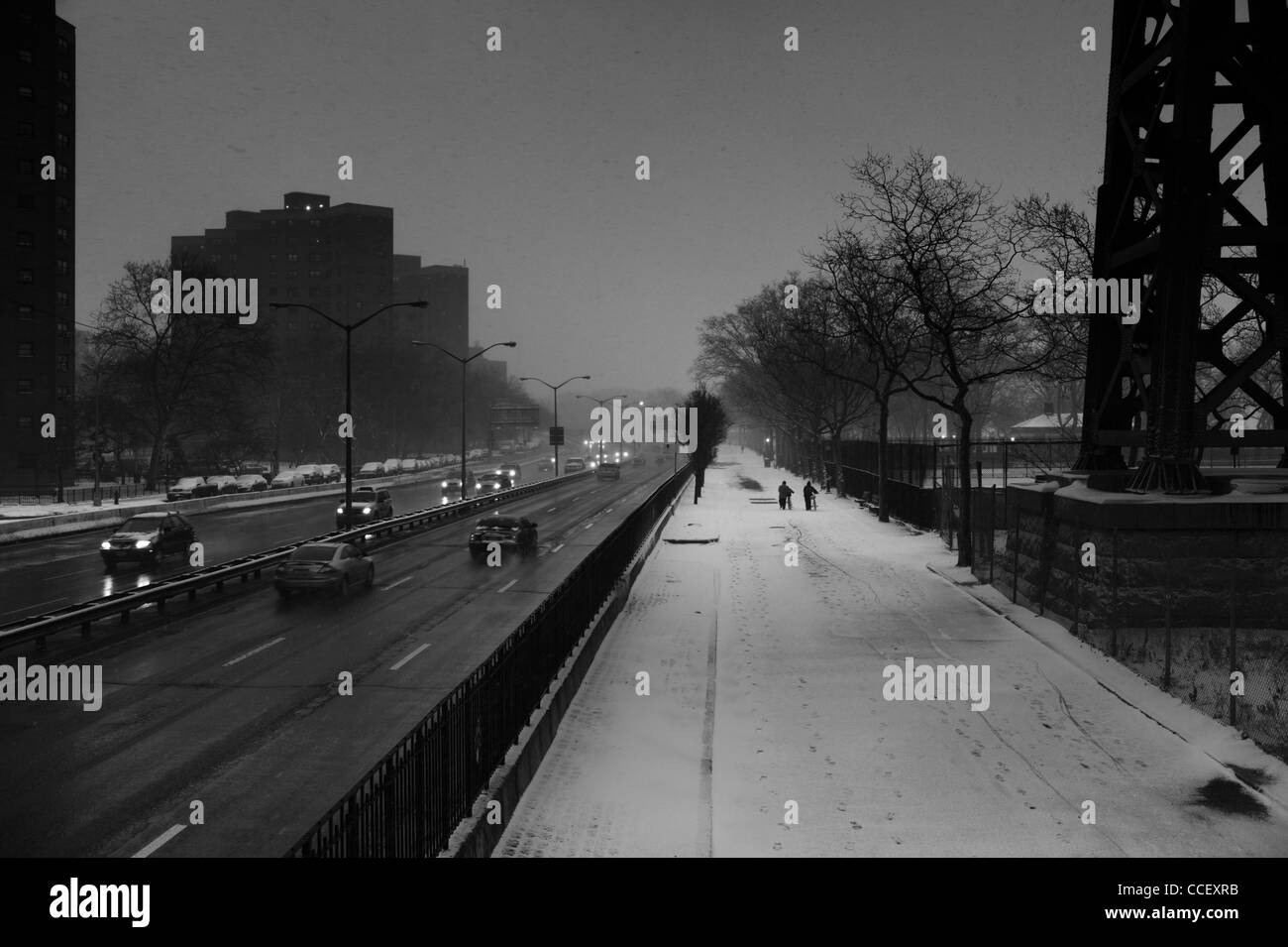 January 21st 2012: Snow seen falling on the FDR Drive highway in New York City, USA. Stock Photo