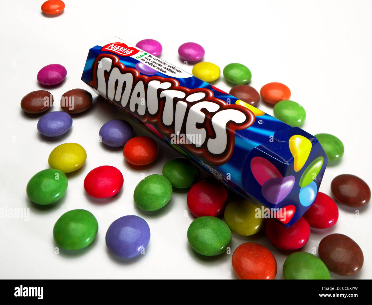 A box of Smarties and sweets Stock Photo